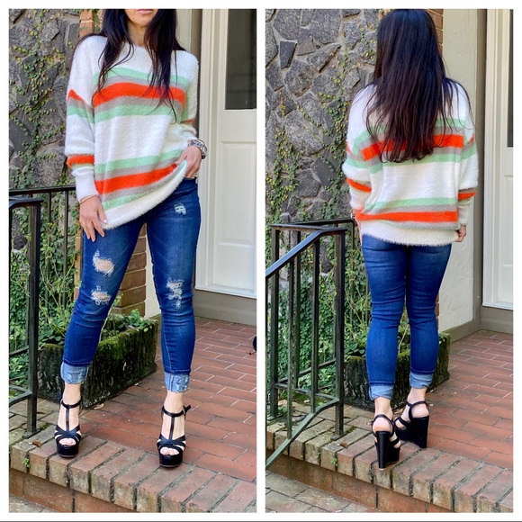 Stripe Angora feel loose fit knit sweater - Picture 5 of 5